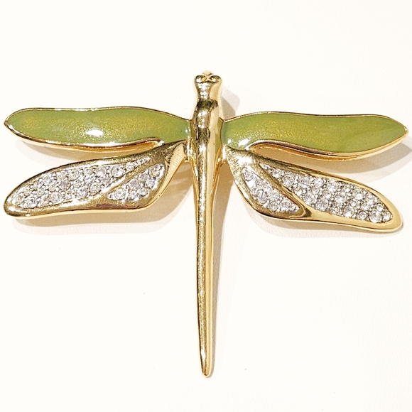 Givenchy Jewelry - GIVENCHY Vintage Dragonfly Brooch Pin Green Enamel White Crystal Gold Tone RARE
